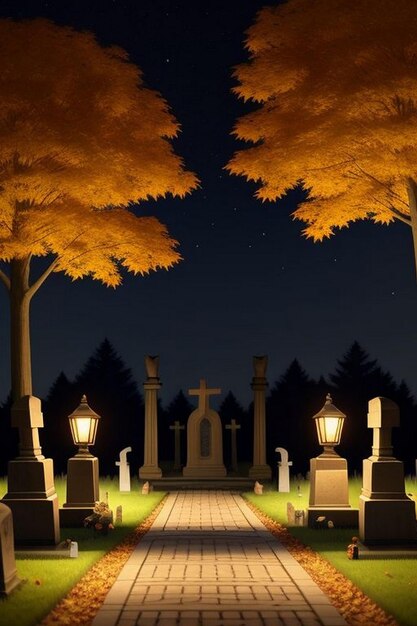 Halloween spooky night graveyard scene with bats and moon background