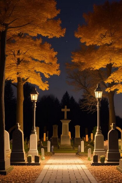 Хэллоуинская жуткая ночная кладбищная сцена с летучими мышами и луной на заднем плане