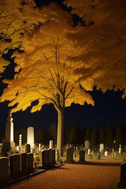 Foto scena spettrale della notte di halloween in un cimitero con pipistrelli e luna sullo sfondo