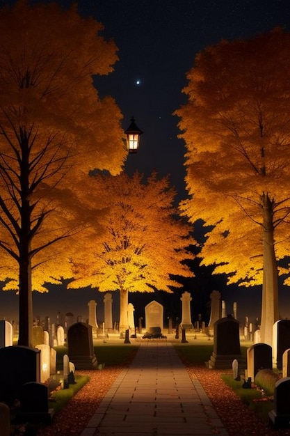 Halloween spooky night graveyard scene with bats and moon background