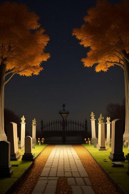 Halloween spooky night graveyard scene with bats and moon background