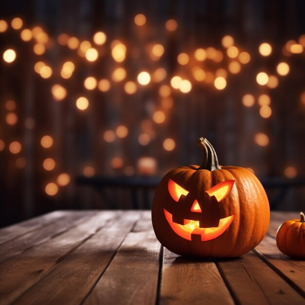 Foto la zucca spettrale di halloween su un tavolo di legno vuoto con uno sfondo sfocato