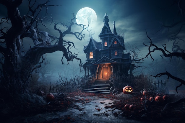 Halloween spooky pumpkin scary background with haunted house and full moon