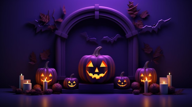 halloween spooky pumpkins stand candles and bats with dark violet autumn leaves background