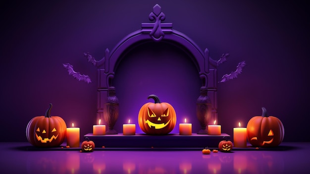 halloween spooky pumpkins stand candles and bats with dark violet background