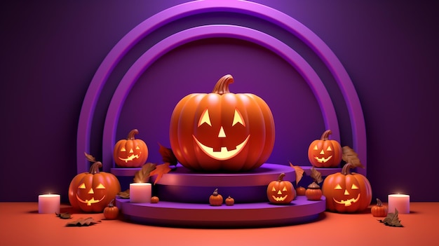 halloween spooky smile pumpkins stand candles and bats with violet orange background