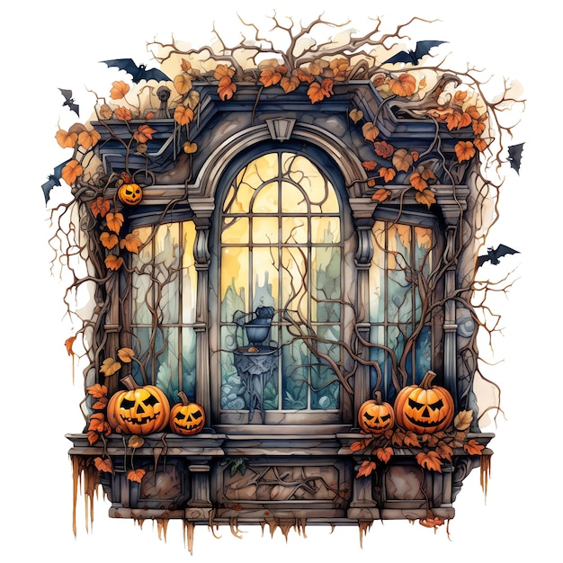 Foto illustrazione dell'acquerello della finestra spettrale di halloween clipart di halloween