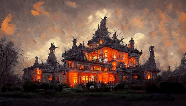 Halloween spooky witch house manor mansion housing creepy illustration