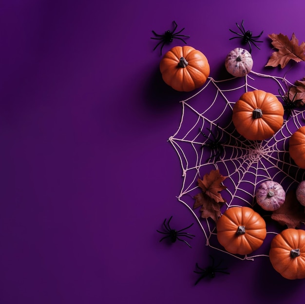 Halloween square card Pumpkins cobweb with spiders dry leaves on purple background Top view