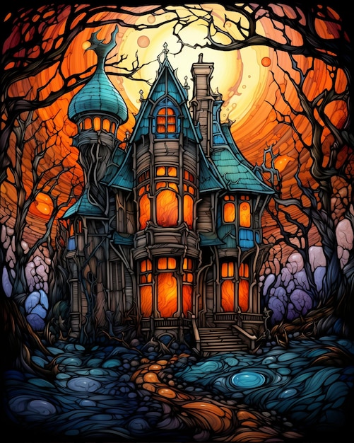 Halloween Stained Glass House in Woods