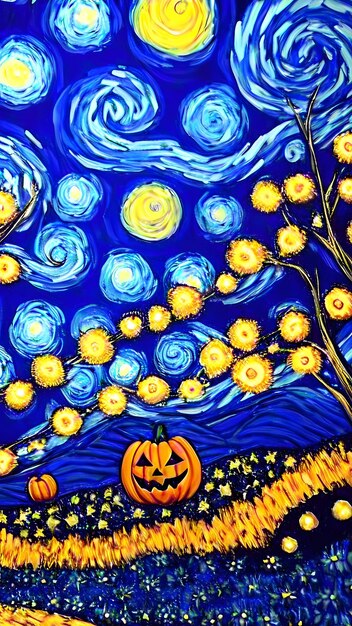 Halloween in starry night digital painting illustration