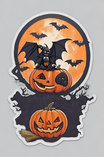 a halloween sticker with a black bat on it