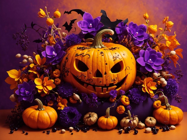 halloween still life on saffron color background