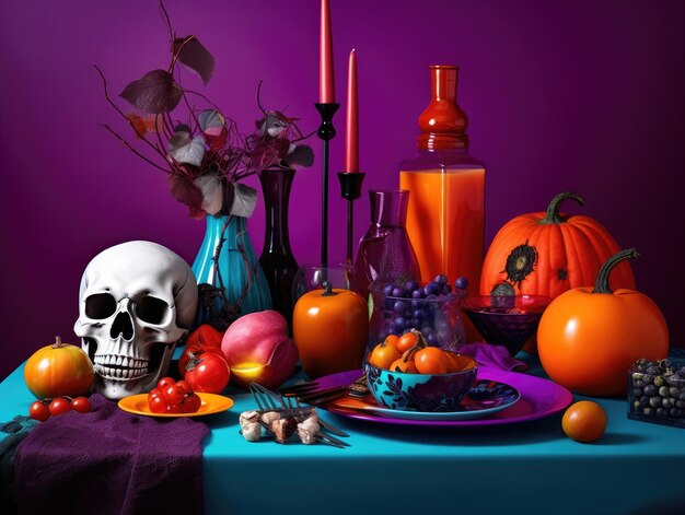 Halloween still life with human skull and pumpkins on purple background