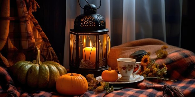 Halloween still life with pumpkins coffee cup candlestick and plaid Ai generation High quality photo