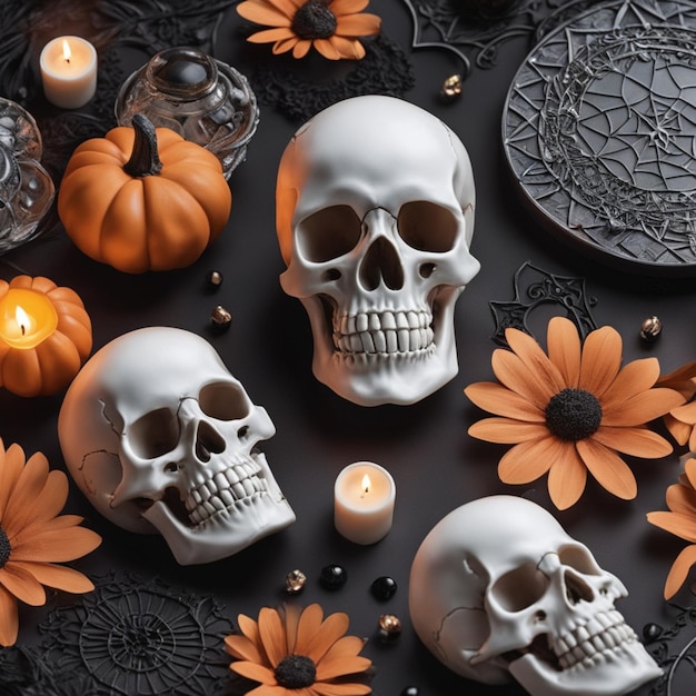 halloween still life with skulls candles and orange flowers on a black background