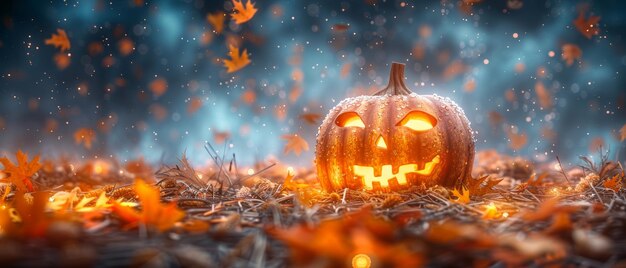 ハロウィーンの静物でストローの上に笑顔の南瓜と葉が秋の星のった空を背景に描かれています