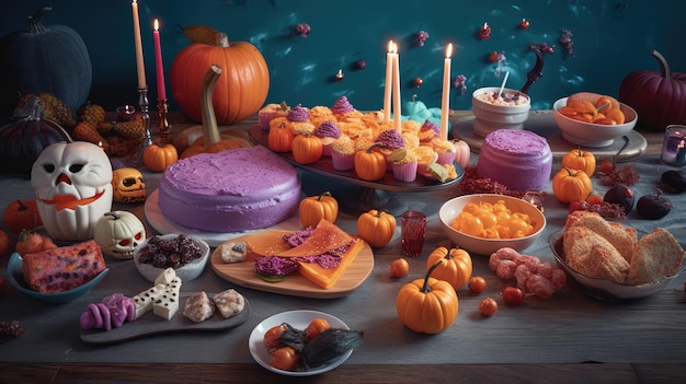 Foto la natura morta di halloween con dolci, caramelle, zucche e candele.