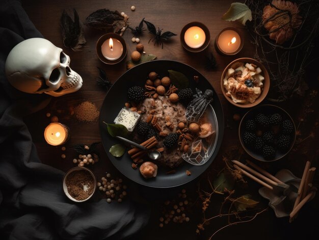 Halloween stilleven met schedel snoep en kaarsen op houten achtergrond bovenaanzicht