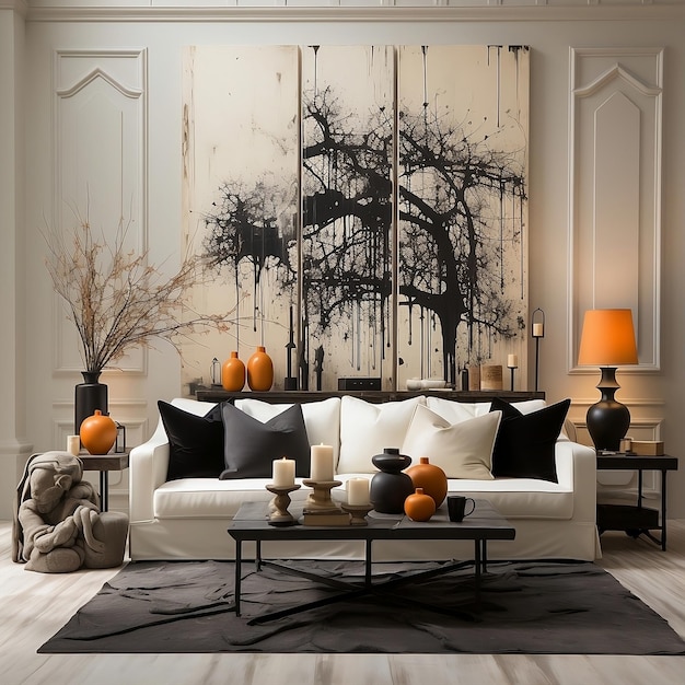 Halloween style of light living room interior with sofa and spooky illustration on wall