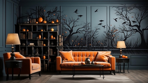 Halloween style living room interior with sofa and spooky illustration on wall Festive design