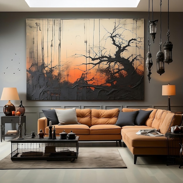 Halloween style living room interior with sofa and spooky illustration on wall