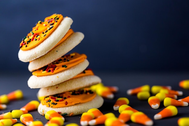 Halloween-suikerkoekjes met sinaasappelsuikerglazuur en hagelslag erop.