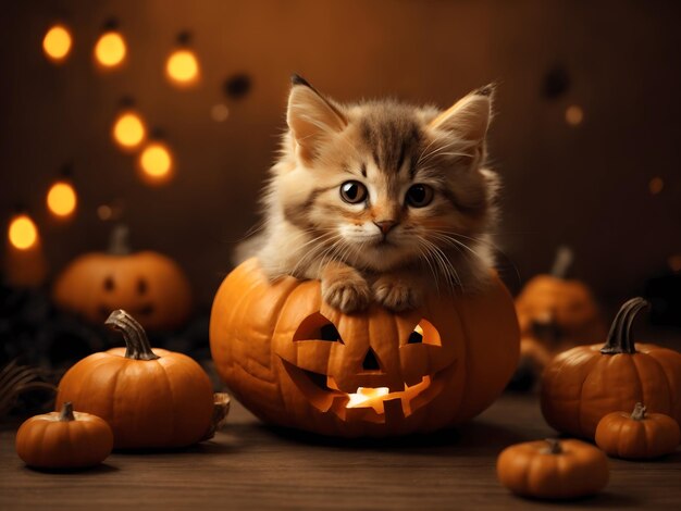 Хэллоуинские принадлежности и котенок сидит в Jacko'Lantern тыквы фонарь лижет губы и смотреть