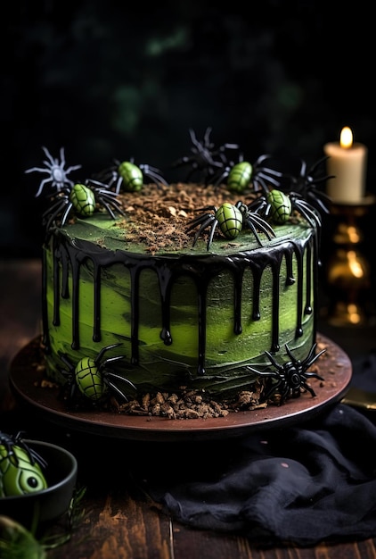 halloween taart met groene ijs spinnen in de stijl van eigenzinnige uitdrukkingen