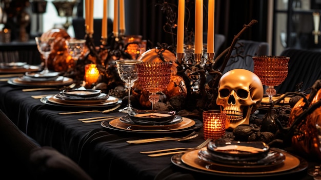 Halloween table setting with pumpkins and skulls