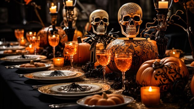 Halloween table setting with pumpkins and skulls