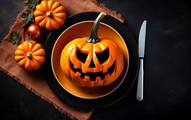 Halloween table setting with a yellow plate on a dark background