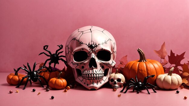 Копия открытки на Хэллоуин с черепом паука на мягком розовом фоне