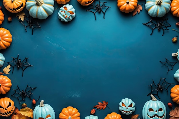 Halloween-thema met pompoenkader en griezelige elementen op blauwe achtergrond