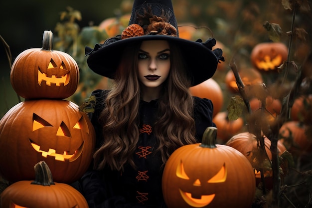 Halloween-thema mooi meisje in een heksenkostuum met halloween-pompoenen