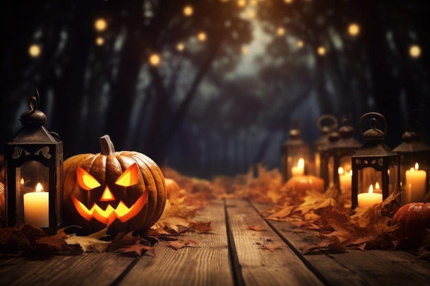 Halloween-thema op houten bureau met kopieerruimte dankzegging Generatieve AI