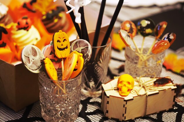 Halloween theme decorated living room lifestyle halloween\
season family house interior traditional halloween decorations\
background