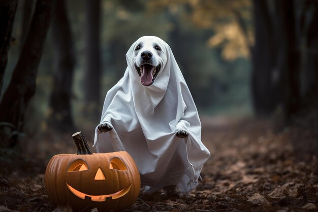 Foto cane a tema halloween in costume di fantasma con zucche su sfondo scuro