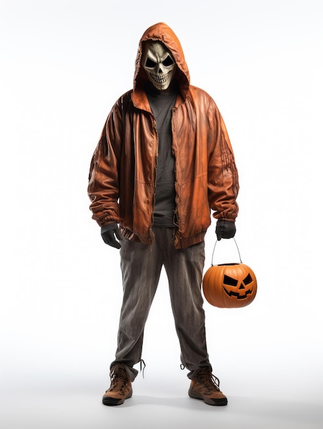 Мужчина на тему Хэллоуина в костюме смерти с тыквой на белом фоне