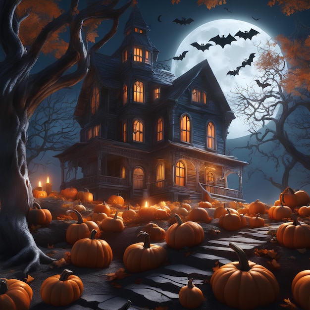 Halloween theme shadow house dead trees Halloween pumpkins silver moon