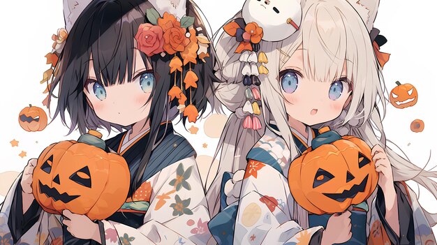 halloween theme with cute girls and pumpkin