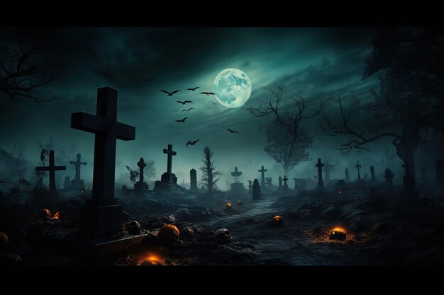 Halloween theme with grave yard and a house at night