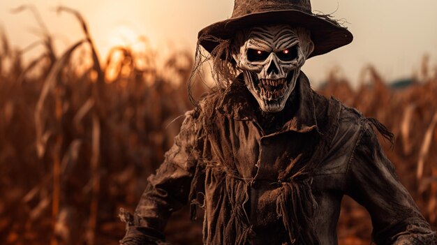 夕暮れの背景に恐ろしいマスクと頭蓋骨のハロウィンのテーマ