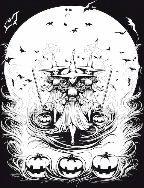Photo halloween themea full moonand silhouettes of witches flying on broomsticks kids coloring page