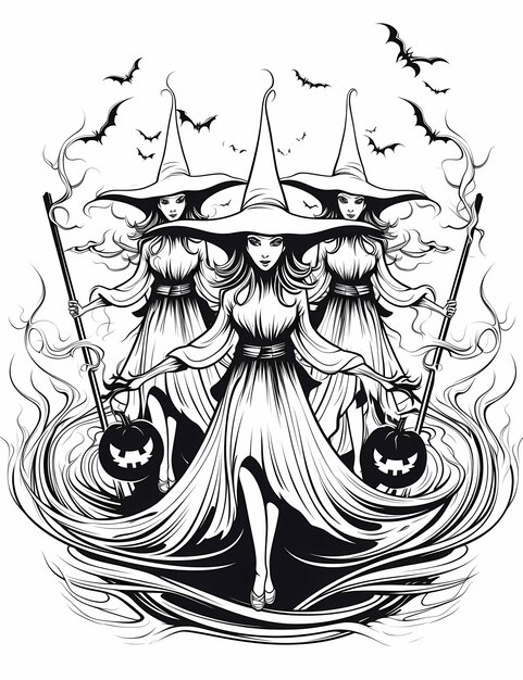 Photo halloween themea full moonand silhouettes of witcheskids coloring book