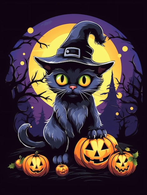 Halloween themed concept art moonlight with black cat and pumpkin