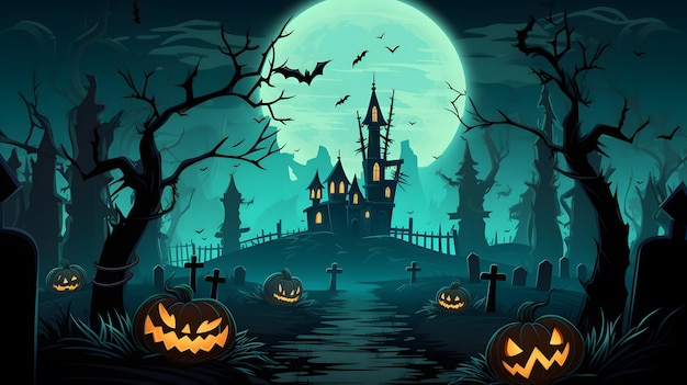 Halloween themed green blue background with bats trees tombstones and castle