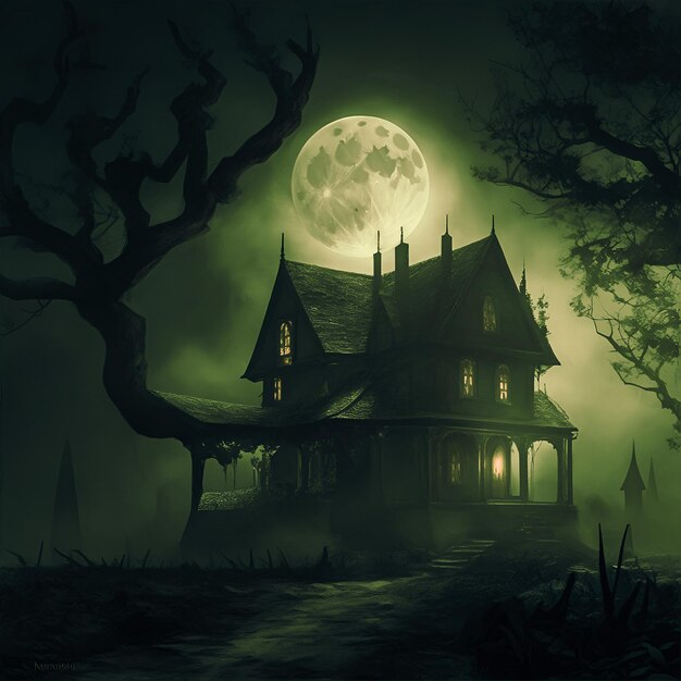 Photo halloween themed haunted house and full moon