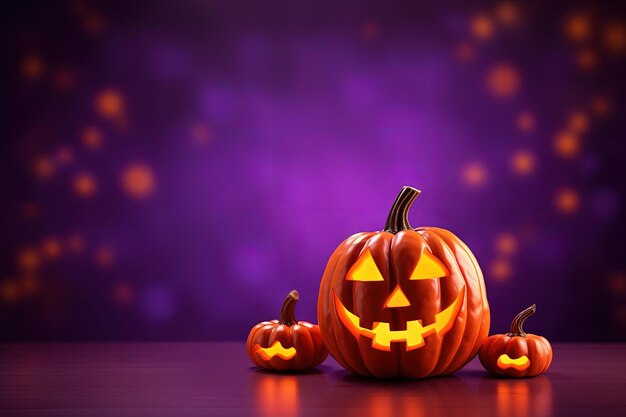 Halloween themed orange podium pumpkin purple background copy space