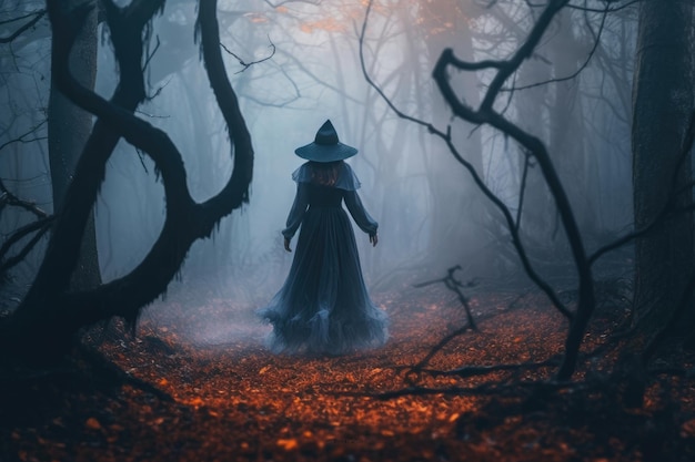 Halloween themed photo the mystique of a witch under the moonlight Generative AI